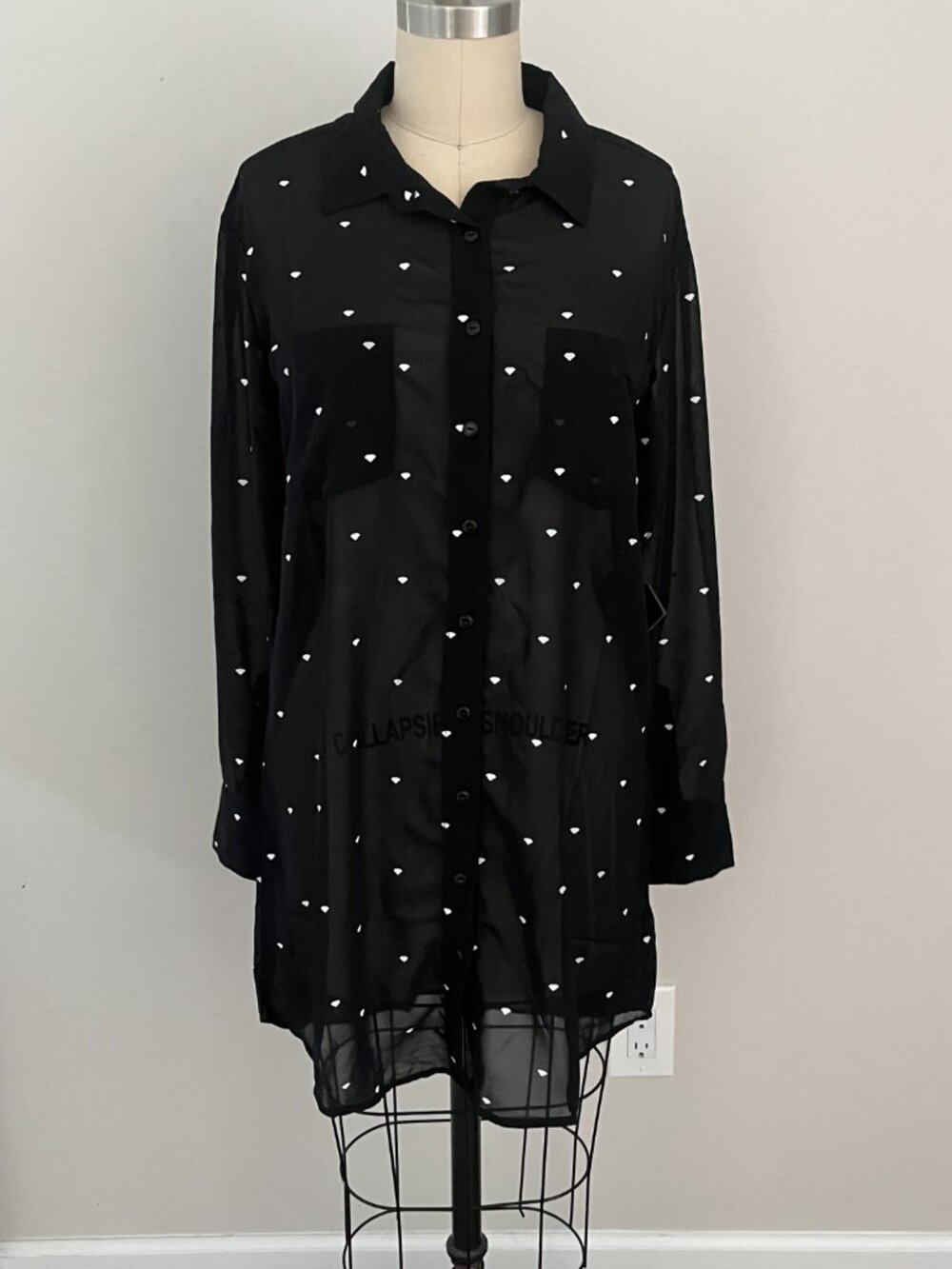 Diamond Supply Co. Black Lustrous Sheer Heart Diamond Print Button Up Dress S